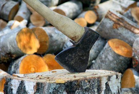 Axe in chopping block in front of a wood stack 