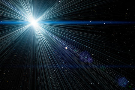 Stars in night sky by amateur telescope with light burst. (digitally created light burst on natural background).の写真素材