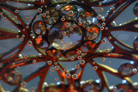 Tiny bubbles (sharp) against brooch (blurred) in water.