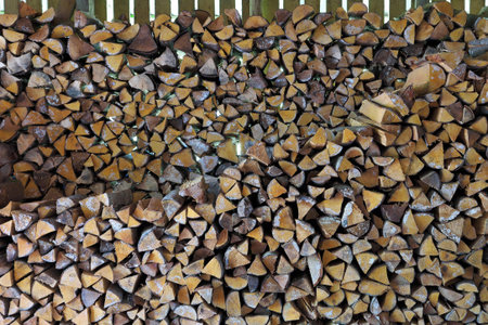 Stacked firewood in woodshed. Remains of fungus mold are visible on the ends of the logs - result of...