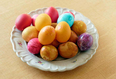 Hand colored Easter eggs on vintage plate.