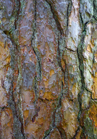 Bark of pine tree, a section of tree trunk.