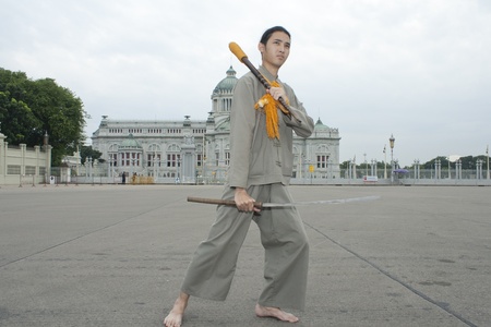 bangkok, thailand - october 2: an unidentified man performs a thai traditional dance during a parade of people from the northern territory of thailand, october 2, 2011 in bangkok, thailand. のeditorial素材
