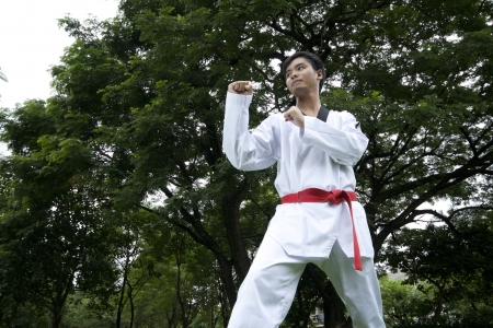 asian man playing with taekwondoの写真素材