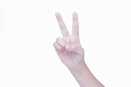 isolated child hand shows the number twoの写真素材