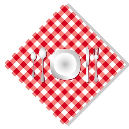 Dish  Spoon Fork and Knife on Tableclothのイラスト素材