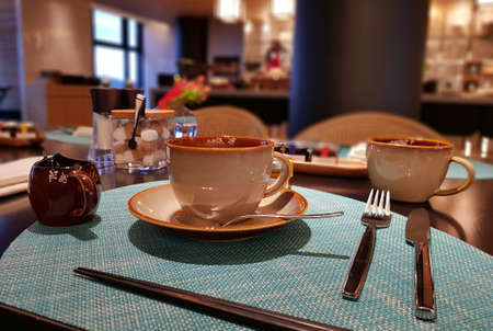 A cup of hot brew coffee before the breakfast is served. Cosy ambience. Beppu, Oita, Kyushu, Japanの写真素材