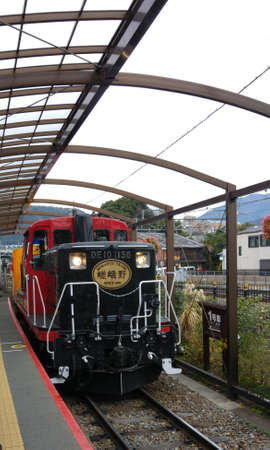 The Sagano Scenic Railway is a sightseeing train line. The train also know as the Sagano Romantic Train. It run along the Hozugawa River. Kyoto, Japan.の写真素材