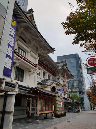 Ginza Kabukiza is one of best place to watch live traditional Japanese drama performance. Early morning in the heart of upscale Ginza district in Tokyo, the street is still quiet. Ginza, Tokyo, Japan.の写真素材
