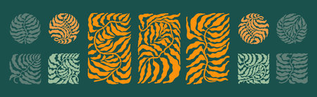 Set with abstract minimalist boho trendy leaves in mid century style. Silhouettes of golden palm branches in square and round shapes on a green background.のイラスト素材