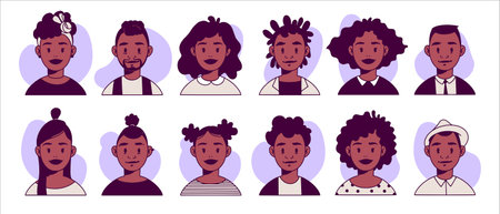African American smiling faces, Colored hand drawn vector avatars of young men and women with different hairstyles and outfits. Avatar flat design icons. People icons. Isolated on white backgroundのイラスト素材
