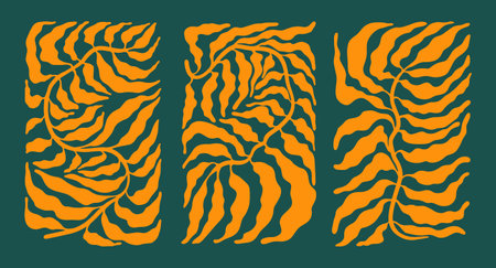 Set with Modern minimalistic aesthetic gold boho leaf prints on green background in mid century style. Trendy colorful vector illustration for social networks, web design in vintage boho style.のイラスト素材