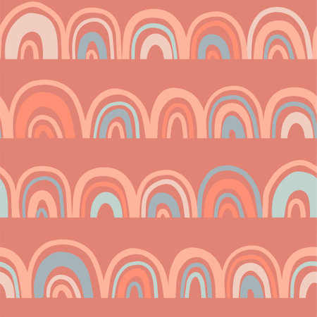 Boho style Seamless pattern with rainbows in doodle style in a natural color palette. Pastel naive nursery print design on a terracotta background. Hand drawn trendy contemporary kids backdrop.のイラスト素材