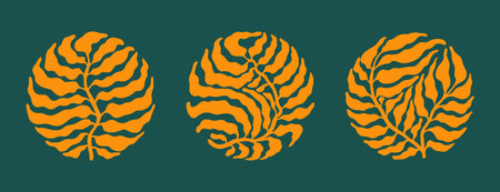Set with round modern minimalist aesthetic gold leaf boho prints in mid century style on green background.  Trendy vector logo for social networks, retro style web design.のイラスト素材