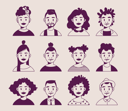 African American smiling faces, linear art, modern young African American minimalistic avatars. Hand drawn vector illustration with cartoon people faces in modern style. Isolated on light backgroundのイラスト素材