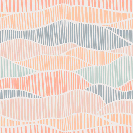 Aesthetic minimalist boho seamless pattern with hand drawn dashes in mid century style in a natural color palette. Pastel naive nursery print design on a light background. Trendy kids backdrop.のイラスト素材