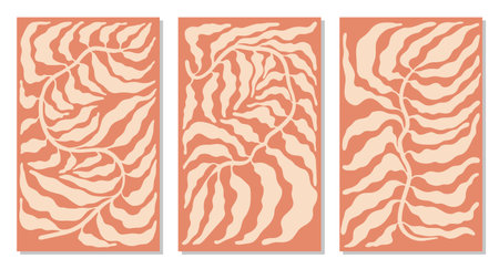 Set with Modern minimalist aesthetic boho leaf prints isolated on white in mid century style. Trendy vector illustration for social networks, web design in retro boho style in a natural earthy paletteのイラスト素材