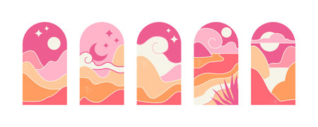 Set of Abstract Mountain Landscapes in the Arches. Vector illustration in an aesthetic, minimalist mid century modern style in pink, sand tones.のイラスト素材