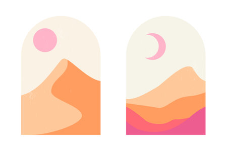 Set of abstract mountain and desert landscapes in arches in an aesthetic, minimalist mid-century style in soft pink and sand colors. Boho style landscape with sun, moon and sand dunes at sunset.のイラスト素材