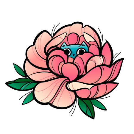 A cute gray cat with big eyes sits in a pink peony with lush petals. Color illustration for children isolated on white backgroundの写真素材