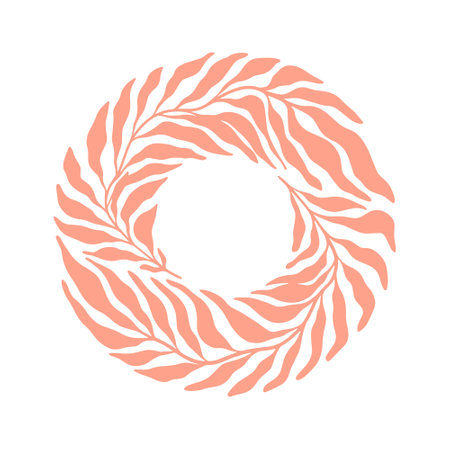 Round wide boho frame made of palm leaves. Abstract botanical round logo with place for text. Silhouette of palm branches in mid-century style.のイラスト素材