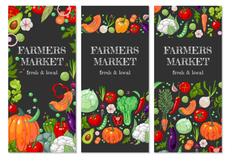 Promotional vertical banners for farmers market. Organic vegetarian food banner. Bright juicy garden vegetables on a chalkboard or dark background. A new crop of tomatoes, bell peppers, cabbage, onionのイラスト素材