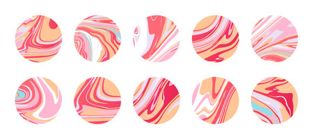 Contemporary round marble icons with texture of liquid marble slab, slice or epoxy in pink. Abstract circles icons for highlight covers. Backgrounds for social media storiesのイラスト素材