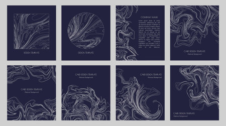 Abstract topographic contours and graphic thin white lines for modern minimalist business card template designs, presentations, invitations, fliers and covers. Set of Geometric Stylish Dark Backdrops.のイラスト素材