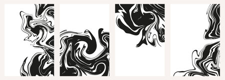 Set of abstract black marble or epoxy textures on a white background. Prints with Graphic Stylish Liquid Ink Stains. Trendy backgrounds for cover designs, invitations, case, wrapping paper.のイラスト素材