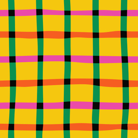 Naive seamless vibrant checkered pattern in doodle style on a yellow background. Bright minimalistic Contemporary graphic bauhaus design in vibrant rainbow colours. Abstract trendy gingham plaid.のイラスト素材