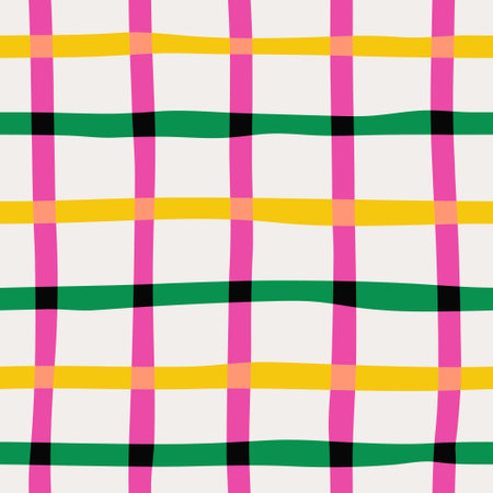 Naive seamless vibrant checkered pattern in doodle style on a light background. Bright minimalistic Contemporary graphic bauhaus design in vibrant rainbow colours. Abstract trendy gingham plaid.のイラスト素材