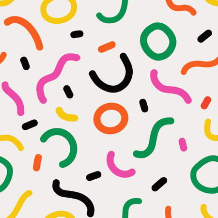 Naive seamless pattern with abstract figures and shapes in vibrant rainbow colours. Bright minimalistic Contemporary graphic bauhaus design. Abstract modern trendy background.のイラスト素材