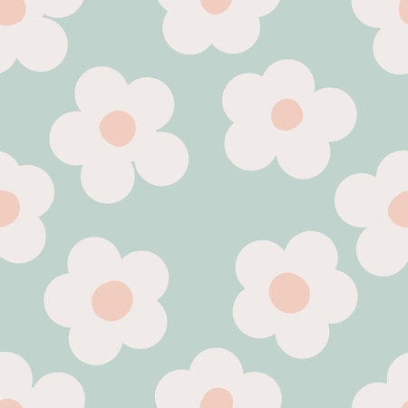 Naive seamless floral boho pattern with white daisies on a light green background in doodle style. Ð¡ute contemporary minimalistic trendy boho background design for kids. Scandinavian nursery printのイラスト素材