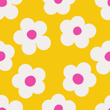 Naive seamless vibrant pattern with white daisies on a yellow background in doodle style. Bright minimalistic Contemporary graphic bauhaus design in vibrant colours. Scandinavian nursery printのイラスト素材