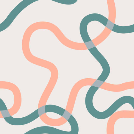 Naive seamless boho pattern with bright green and orange wavy lines on a light background. Creative contemporary minimalistic trendy boho background design for kids. Scandinavian nursery printのイラスト素材