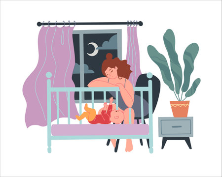 Tired sleepy mom rocks the baby in the cradle. concept of postpartum depression and difficulties of motherhood. Flat vector illustration. Isolated on white. Sleepless nights with a childのイラスト素材