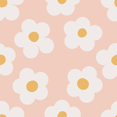 Naive seamless floral boho pattern with white daisies on a peach background in doodle style. Ð¡ute contemporary minimalistic trendy boho background design for kids. Scandinavian nursery printのイラスト素材