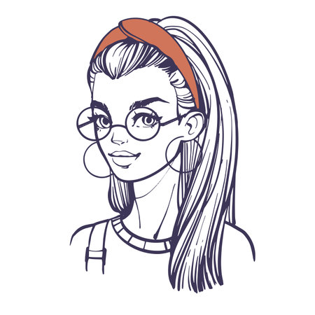 Hairstyle with a headband. Portrait of fashionable modern young girl with trendy hair accessory. Hand drawn vector illustration in doodle style isolated on white background.のイラスト素材