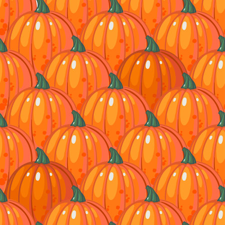 Seamless pattern with rows of ripe orange pumpkins. Hand drawn vector illustration. Seasonal, autumn vegetables. Farmed organic products. Organic Pumpkin Autumn Harvest.のイラスト素材