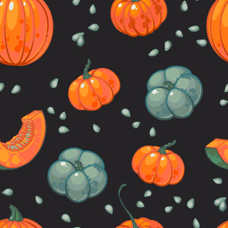 Seamless pattern with juicy ripe orange and green pumpkins, seeds and pumpkin slices on a dark background. Hand drawn vector illustration. Seasonal, autumn vegetables. Farmed organic products.のイラスト素材