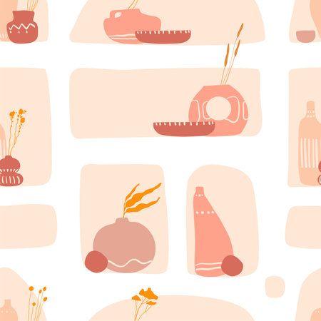Seamless pattern with mid century aesthetic minimalist boho trendy print. Modern aesthetic vector illustrations with antique amphoras in arches for Background, wallpaper, poster templateのイラスト素材