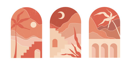 Set of mid century aesthetic abstract boho prints with mountain landscapes in arches. Boho wall decor with a minimalistic desert landscape at sunset with sun, moon and palms in an earthy palette.のイラスト素材