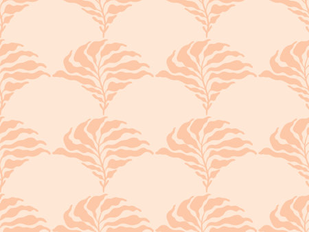 Minimalist boho seamless pattern with leaves in mid century style in an earthy palette. Modern abstract aesthetic background with trendy leaves for wallpaper, wrapping paper and design in beige.のイラスト素材