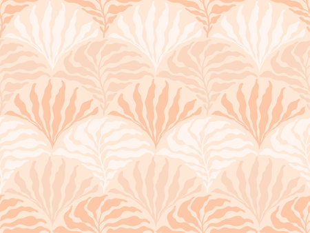 Minimalistic boho seamless pattern with mid-century style leaves in an earthy palette. Modern aesthetic background with trendy leaves for wallpaper, wrapping paper in beige and white colors.のイラスト素材