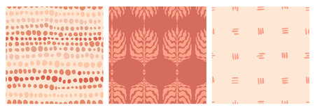 Set of abstract minimalist seamless boho patterns with hand drawn dots and leaves in a mid century style in a natural earthy palette. Modern aesthetic background with trendy design for wallpaper.のイラスト素材