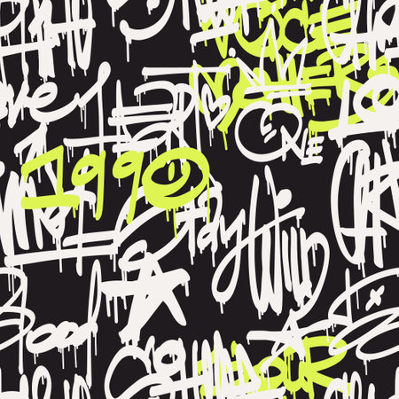 Urban typography seamless pattern with street art graffiti slogan print. Abstract graphic underground unisex design for t-shirts and sweatshirt. Black and white street print with neon spray effectのイラスト素材