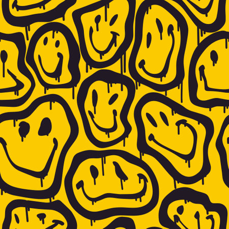Groovy smile seamless pattern in Urban street art style on yellow background. Graphic underground unisex design for t-shirts. Hipster retrowave with 90s style. Psychedelic background.のイラスト素材