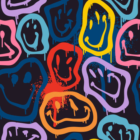 Groovy smile seamless pattern in Urban street art style on black background. Graphic underground unisex design. Hipster retrowave with 90s style. Psychedelic rave background. Neon colors.のイラスト素材