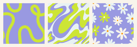 1970 Daisy seamless pattern pack with Naive groovy wave and squiggle. Retrowave with 90s style for kids. Fun colorful Doodle Bright backgrounds. Minimalist nursery print in neon green and lavender.のイラスト素材