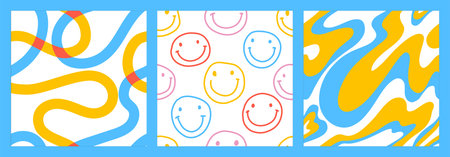 1970 Smiles seamless pattern pack with Naive groovy wave and squiggle. Retrowave with 90s style for...